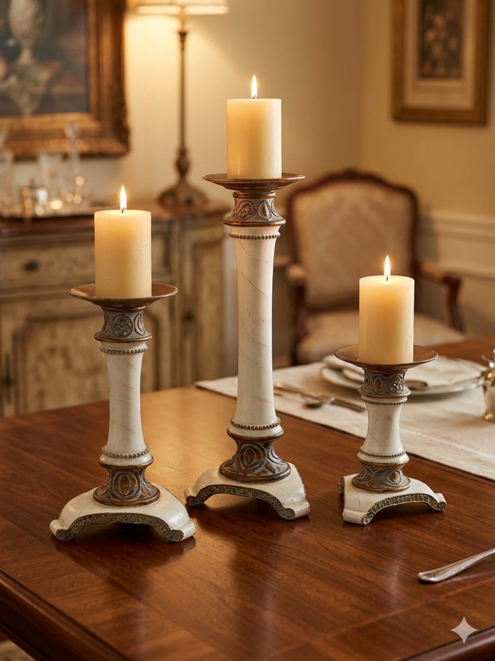 Bowring Three-Piece Candlestick Holder Set in White & Gold